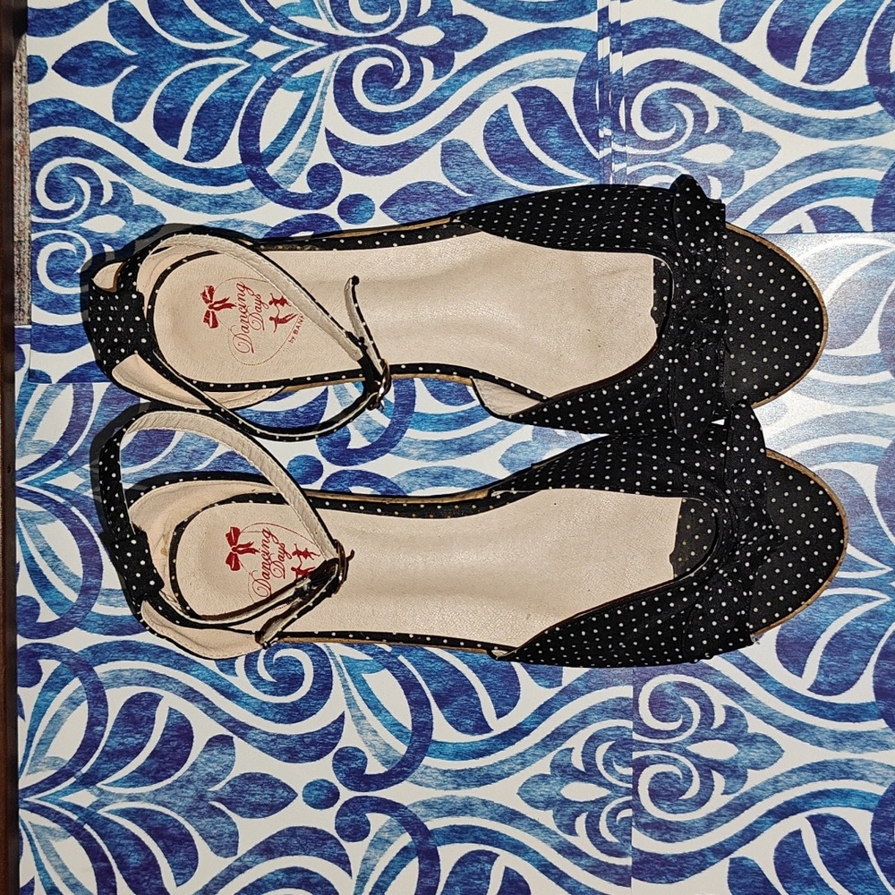 Banned Apparel Riri West Vintage Retro Denim Bow Polka Dot Flats Platform Heel